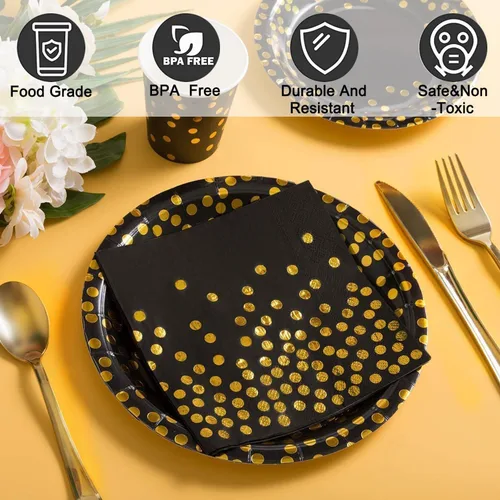 Vista 5 de 175 piezas de suministros de fiesta negros y dorados, lunares dorados en platos de papel negro, servilletas y vasos, cubiertos de plástico dorado