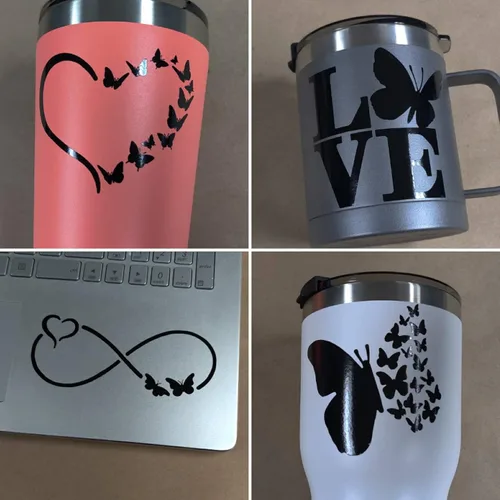 Vista 2 de Paquete de 4 calcomanías de mariposa: Infinito, corazón, amor, ala (tamaño pequeño, 3.5 pulgadas, negro)