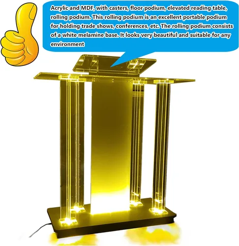 Vista 5 de Soporte de podio acrílico transparente, podio de piso con ruedas, plataforma de lectura vertical con luces LED, escritorio de recepción rodante
