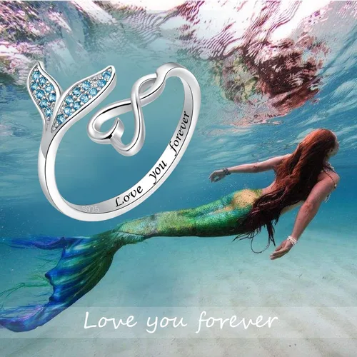 Vista 7 de zaxsj S925 Sterling Silver Mermaid Jewelry for Women - Mermaid Tail Love You Forever Blue Sea Wave Marine Jewelry Set for Girls Ocean Lovers