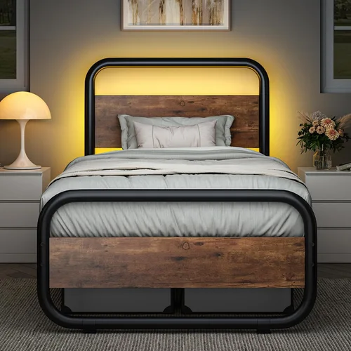 Vista 22 de Catrimown - Marco para cama individual con luces LED, marco de cama plataforma individual resistente de metal rústico con cabecera de madera
