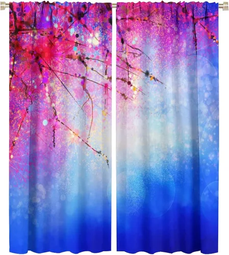 Vista 22 de Cortinas opacas con diseño floral de galaxia azul abstracta para dormitorio, cortinas de ventana de teñido anudado con diseño de flor de cerezo