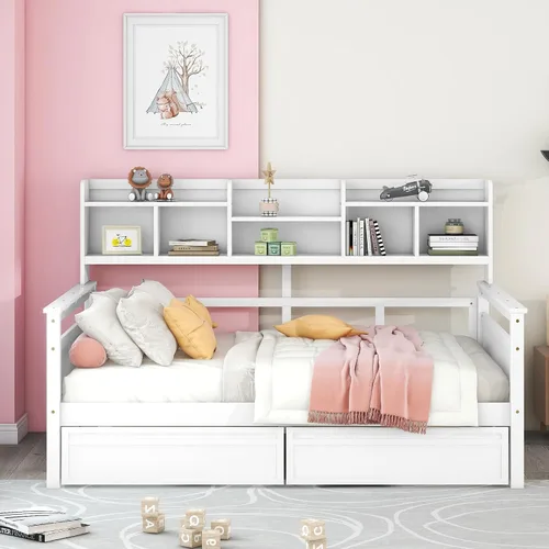 Vista 45 de VilroCaz Cama de sofá de tamaño individual de madera con estantes de almacenamiento y escritorio de estudio, estructura de cama de día Blanco