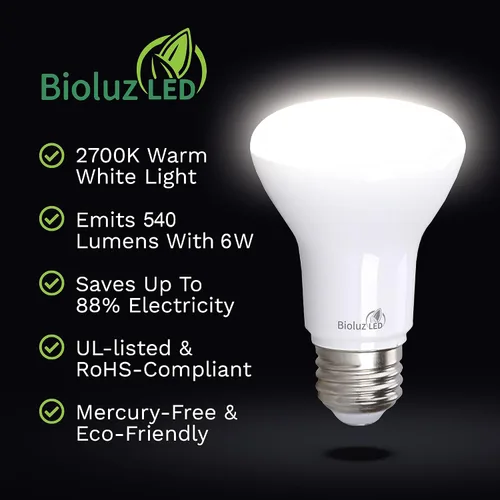 Vista 3 de Bioluz LED Bombillas BR20 de 2700 K, bombillas LED blancas cálidas brillantes de 6 W = 50 W, repuesto 90 CRI 540 lúmenes para interiores