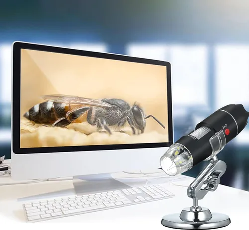 Vista 6 de Andoer Microscopio digital USB 1600X cámara de aumento 8 LED con soporte portátil de inspección de mano lupa