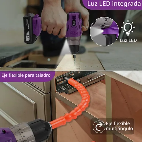 Vista 6 de Juego de taladro inalámbrico sin escobillas morado, kit de controlador de potencia compacto de 20 V con motor eléctrico, ajuste de par de 20+3, 48