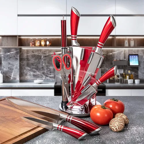 Vista 5 de Juego de cuchillos de cocina, juego de 9 cuchillos rojos con bloque acrílico, cuchillo de chef de acero inoxidable de alto carbono antiadherente