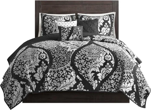 Vista 13 de Madison Park Vienna - Colcha reversible de algodón, diseño de costuras de lujo, para todas las estaciones, ropa de cama transpirable, fundas, Negro