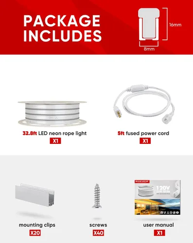 Vista 7 de Paquete de productos de cable de alimentación con kit de luces LED de neón cálidas de 2500K de 32.8 pies