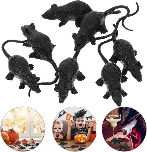 Vista 5 de Toyvian 10 ratas falsas de Halloween, ratas de plástico negras para casa encantada, bar, decoraciones de fiesta, suministros de Halloween aterradores