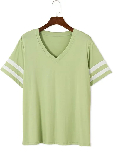 Vista 23 de Eytino Blusas de talla grande para mujer, cuello en V, manga corta, a rayas, casual, holgada, con bolsillo (1X-5X)