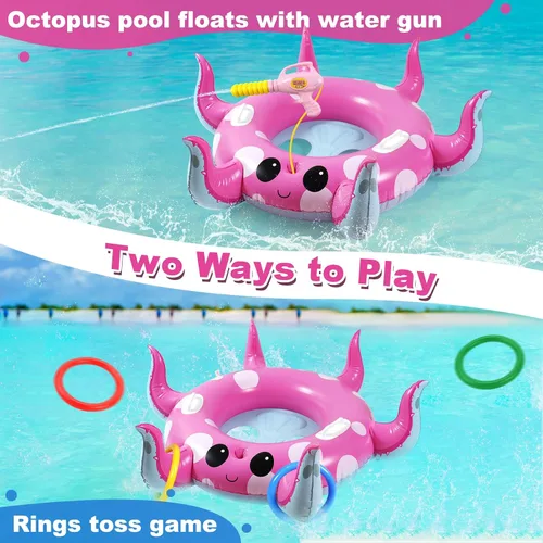 Vista 2 de Motiloo Octopus - Flotador de piscina para niños con pistola de agua, juguetes inflables de piscina para niños de 3 a 12 años de edad, fiestas
