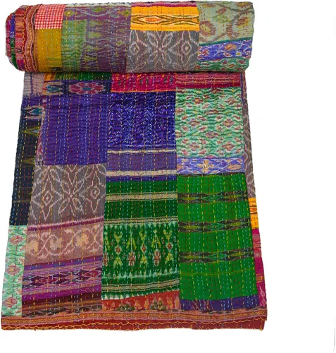 Vista 6 de Marubhumi Colcha india hecha a mano de seda india Sari Kantha acolchado patchwork (negro, individual (60 x 90 pulgadas)