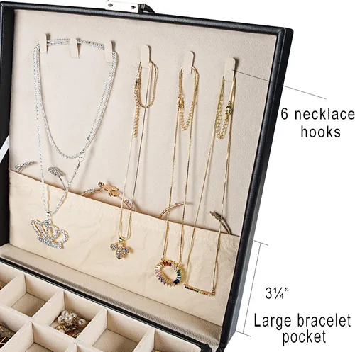 Vista 6 de Frebeauty Paquete de joyero grande de poliuretano una caja de joyería multifuncional (negro) y una caja organizadora de aretes de 50 ranuras (negro)