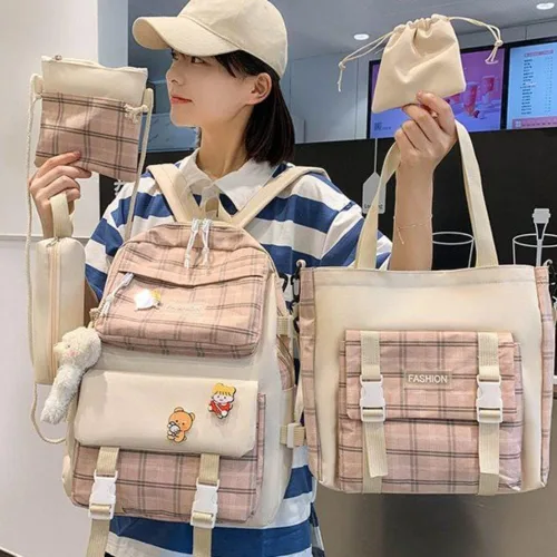 Vista 2 de Juego de 5 mochilas escolares de lona kawaii con colgante de pera, lindos alfileres, bolsa para lápices, a cuadros, estética, Rosa, Mediana, Classic