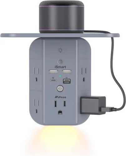 Vista 8 de Extensor de toma de pared con estante y luz nocturna, protector de sobretensiones, cargador de pared USB con 5 salidas USB y 3 puertos USB, 1 salida