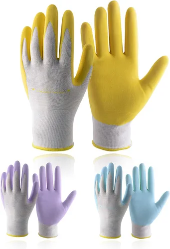 Vista 9 de HANDLANDY Guantes de jardinería para mujer, 3 pares de guantes de trabajo transpirables con revestimiento de nitrilo, el mejor regalo para mujeres