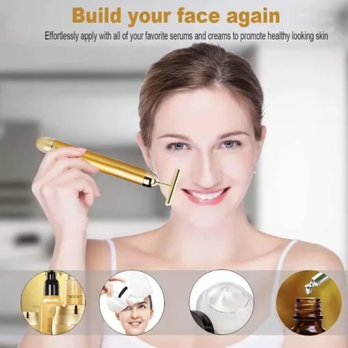 Vista 3 de Beauty Bar - Rodillo masajeador facial de energía de pulso dorado de 24 quilates, herramienta de masajeador facial eléctrico en forma de T