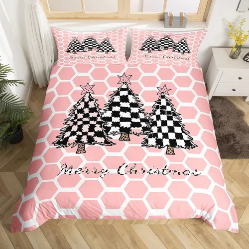 Vista 37 de Juego de ropa de cama de Feliz Navidad, funda de edredón azul con árbol de Navidad para niñas y niños, elegante funda de edredón de copo de nieve
