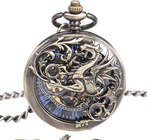 Vista 2 de ManChDa Reloj de bolsillo mecánico de esqueleto antiguo para hombre Dragon Hollow Hunter con cadena y caja, Mecánico