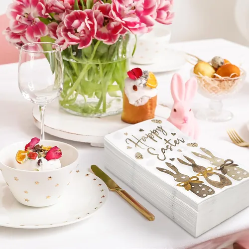 Vista 5 de 100 servilletas de Pascua con estampado de conejo, servilletas de papel para invitados, toallas de mano decorativas de conejo de Pascua, servilletas