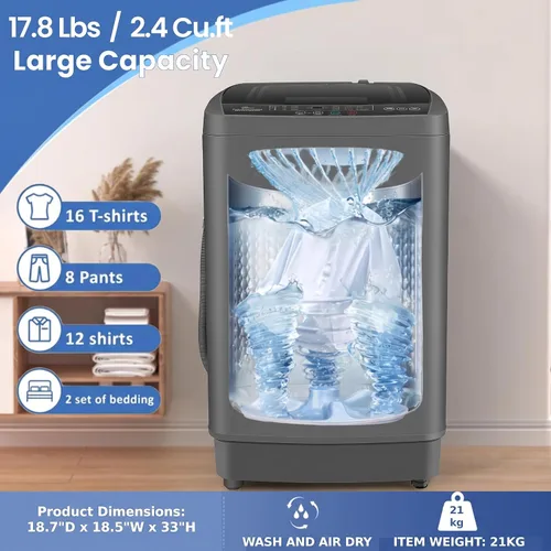 Vista 2 de Nictemaw Lavadora portátil de 17.8 libras con bomba de drenaje, 2.4 pies cúbicos de lavadora y secadora completamente automática, 10 programas, 8