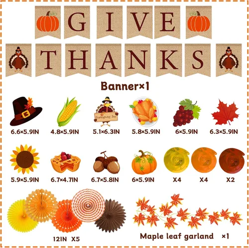 Vista 4 de Decoraciones de Acción de Gracias, pancarta de agradecimiento y calabaza, pavo, remolinos colgantes, guirnalda de hojas de arce, decoración temática