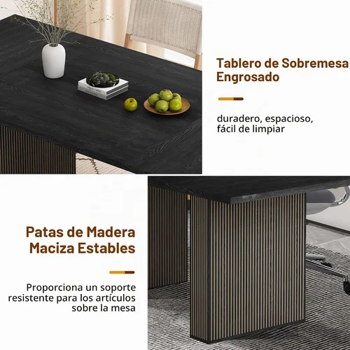 Vista 5 de Mesa de comedor rectangular de 198 cm para 6 a 10 personas, mesa de cocina estilo granja con estrías, mesa larga de madera moderna para cocina