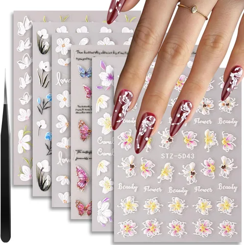 Vista 9 de 8 hojas de calcomanías de arte de uñas con flores 5D, calcomanías de uñas en relieve con pinzas, pegatinas autoadhesivas, uñas rosas y blancas