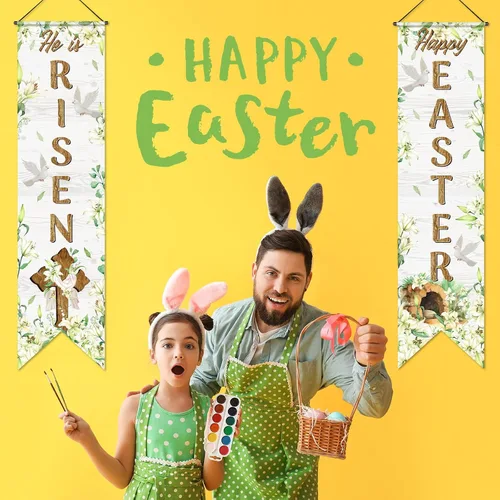 Vista 4 de Outus Cartel de feliz Pascua para porche con texto en inglés «He Is Risen» para puerta delantera, decoración de pared para colgar en la pared, fondo