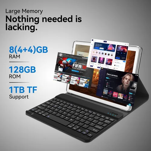 Vista 3 de Tablet 2 en 1 con teclado, 2025 últimas tabletas Android 4+4+128GB ROM, tableta de 10 pulgadas con chip octa-core compatible con WiFi de 5+2.4 GHz