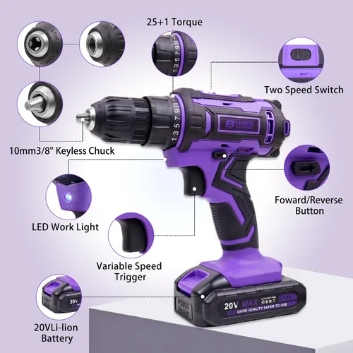 Vista 3 de Purple 20V Cordless Drill Electric Drill set, Electric Screwdriver with 2 Batteries & Charger, 3/8" Keyless Chuck, 25+1 Torque 2-Speed Hammer Drill