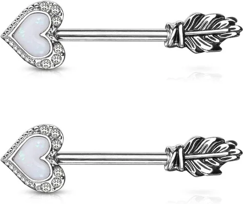 Vista 8 de Forbidden Body Jewelry Pave CZ Opalite Heart & Feather Flecha Acero Quirúrgico Pezón Barbells Rosado