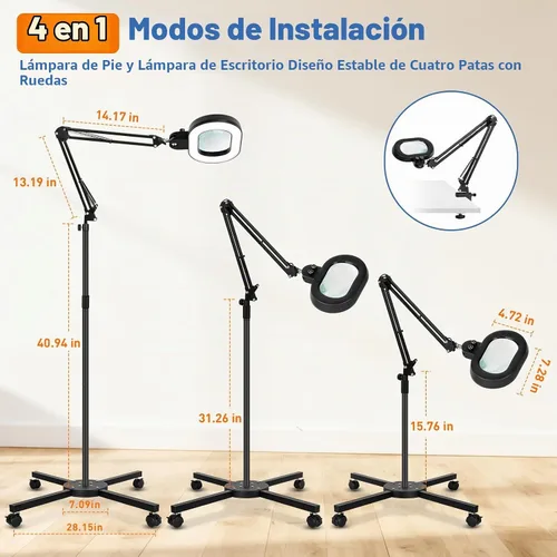 Vista 8 de Lupa de piso con luz, base estable de 4 ruedas, 12X Negro