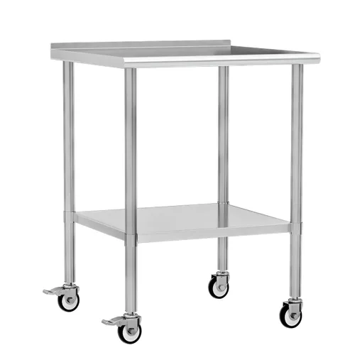 Vista 14 de Mesa de trabajo de acero inoxidable con ruedas, 24x24 pulgadas, mesa de preparación de alimentos NSF con salpicadero y estante inferior ajustable