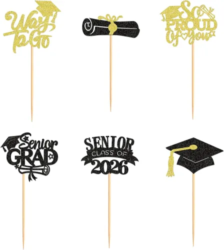 Vista 7 de Ercadio 36 piezas 2026 adornos para cupcakes con purpurina negra y dorada para graduación senior So Proud Of You Senior Class of 2026 Way to Go