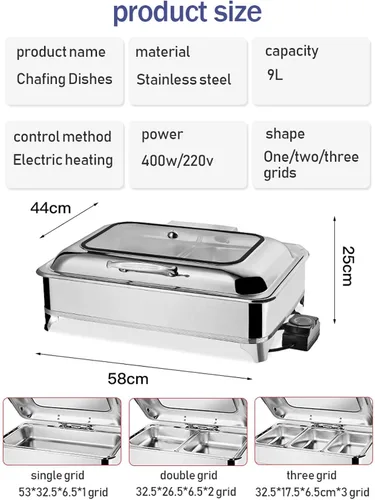 Vista 6 de Calentador de alimentos de 9 litros, juego de bufé rectangular con tapa visible de vidrio y control de temperatura, servidores de buffet