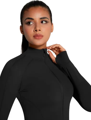 Vista 5 de Chaqueta Bbl con cremallera para mujer, ligera, recortada, atlética, para atletismo, gimnasio, entrenamiento, correr, yoga, senderismo