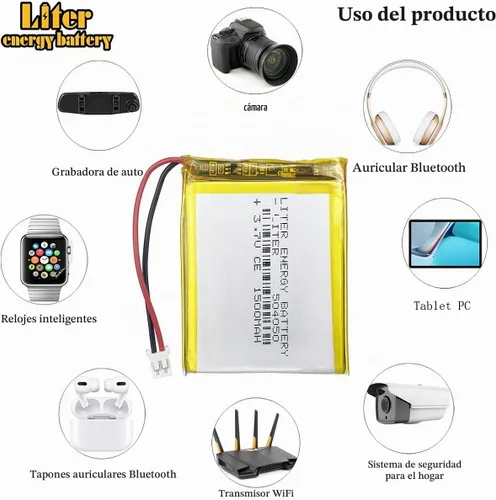 Vista 5 de Liter 3.7V 1500mAh 504050 Lipo Batería recargable de iones de polímero de litio con conector JST 0.079 in