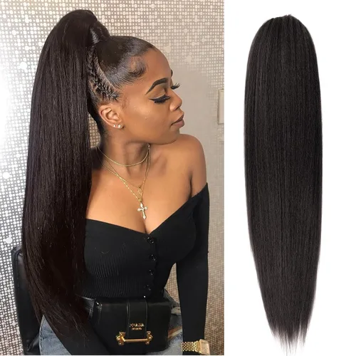 Vista 21 de Cola de caballo recta Yaki de 12 pulgadas con cordón para mujeres negras, sintética, gruesa, recta, longitud del hombro, extensión de cola