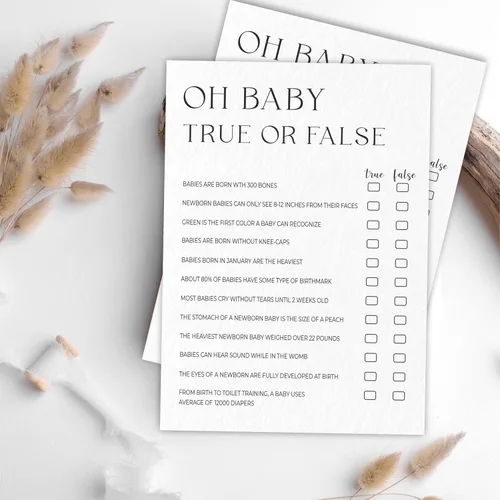 Vista 4 de Oh Baby! Juego verdadero o falso para baby shower, minimalismo blanco perla, 30 tarjetas de juego de relleno en blanco con 1 tarjeta de respuesta