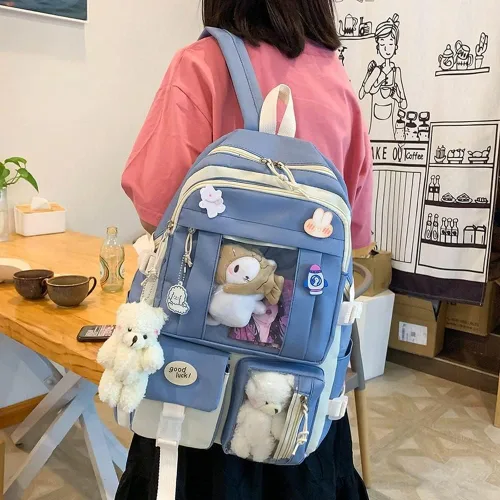 Vista 4 de Mochila escolar estética kawaii, juego de 5 piezas con bonitos pines colgantes de oso, mochila pequeña para laptop, kit esencial Azul