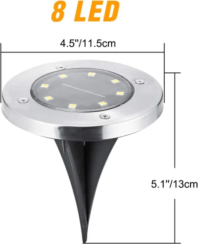 Vista 7 de ODEETRONIC Luces solares de tierra, paquete de 12 unidades de 8 luces LED de disco solar, luz impermeable para exteriores, luz redonda de disco