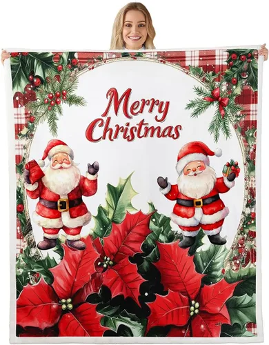 Vista 33 de Manta de cama Kawaii de Papá Noel, manta rústica de felpa con corona de Navidad para decoración rústica del hogar, manta de franela de flores rojas