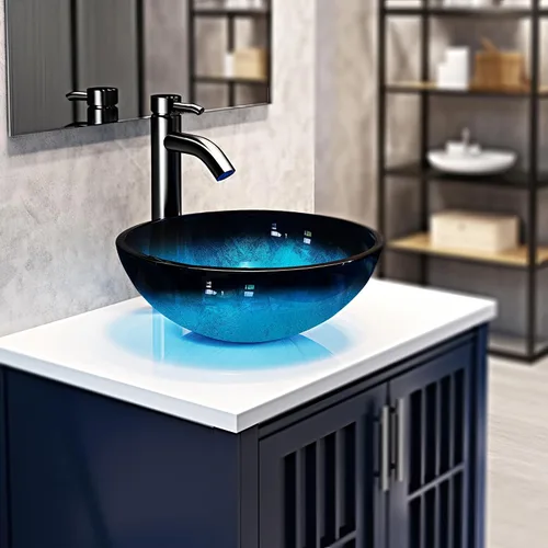 Vista 6 de Fregadero de baño de 12 pulgadas, lavabo de vidrio templado, cuenco redondo con grifo combinado, azul