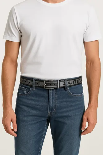 Vista 2 de Nautica Men's Signature Leather and Canvas Belt Ribbon Detail Flag Design Classic Casual Metal Buckle