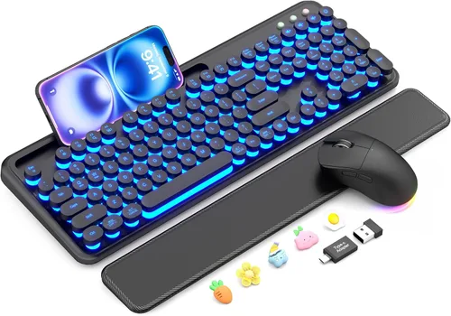 Vista 12 de Combo de teclado y mouse inalámbricos: teclado retroiluminado con reposamuñecas magnético y soporte para teléfono, teclas redondas iluminadas, juego