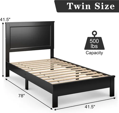 Vista 2 de KOMFOTT Armazón de Cama de Plataforma de Madera Tamaño Twin con Cabecero, Cama de Plataforma de Madera de Mediados del Siglo con Soporte de Listones