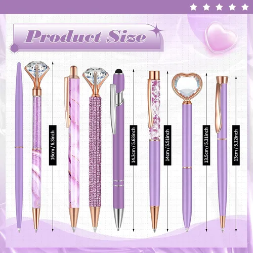 Vista 2 de Supervitae 8 Bolígrafos Morados para Mujer, Papelería Escolar, Regalos de Diario, Arena Líquida con Purpurina, Bolígrafos de Tinta Negra, Regalos