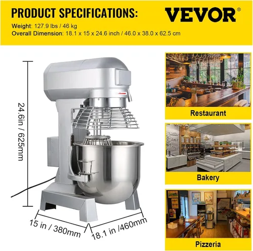 Vista 7 de Happybuy 10Qt Mezclador Comercial de Alimentos con Función de Temporización, Mezclador Comercial de 500W, Bol de Acero Inoxidable, Resistencia